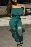 Ink Green Sexy Solid Ripped Patchwork Flounce Off the Shoulder Regular Jumpsuits