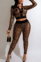 Brown Sexy British Style Print Split Joint Buckle See-through Turndown Collar Long Sleeve Two Pieces