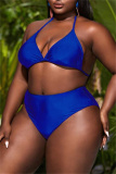 Blue Fashion Sexy Solid See-through O Neck Plus Size Swimwear Three-piece Set