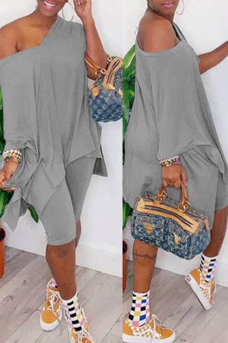 Grey Casual Solid Patchwork V Neck Short Sleeve Two Pieces