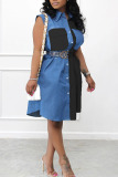 Black Casual Solid Patchwork Buckle Turndown Collar Dresses(Without Belt)