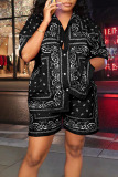 Black Casual Print Patchwork Buckle Turndown Collar Short Sleeve Two Pieces