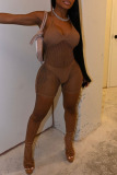 Coffee Fashion Sexy Patchwork Hollowed Out See-through Backless Spaghetti Strap Skinny Romper