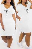 White Fashion Casual Print Basic V Neck Short Sleeve Dress