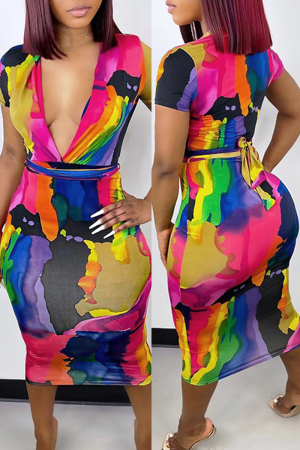 Multicolor Fashion Casual Print Tie Dye With Belt V Neck Short Sleeve Dress