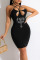Black Sexy Solid Hollowed Out Split Joint Hot Drill Asymmetrical Collar Pencil Skirt Dresses