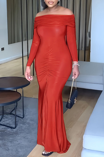 Red Formal Off Shoulder Long Sleeve Ruched Slim Fit Evening Party Mermaid Maxi Dress for Wedding Guest