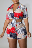 Red Fashion Casual Print Bandage Turndown Collar Short Sleeve Two Pieces