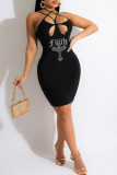 Black Sexy Solid Hollowed Out Patchwork Hot Drill Asymmetrical Collar Pencil Skirt Dresses