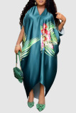 Khaki Casual Print Patchwork V Neck Plus Size Dresses