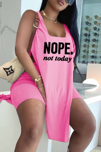 Pink Fashion Casual Letter Print Slit U Neck Sleeveless Two Pieces