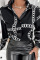 Black Casual Print Patchwork Buckle Turndown Collar Tops