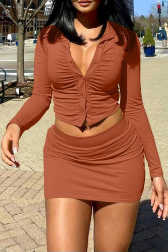 Orange Fashion Sexy Solid Patchwork Turndown Collar Long Sleeve Two Pieces