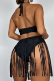 Black Fashion Sexy Solid Tassel Bandage Hollowed Out Backless Swimwears (With Paddings)