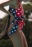 Blue Red Fashion Sexy Dot Print Patchwork Backless Swimwears (With Paddings)
