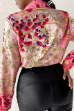 Pink Casual Print Patchwork Turndown Collar Tops
