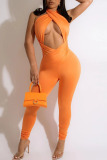 Orange Sexy Solid Hollowed Out Patchwork Backless Asymmetrical Regular Jumpsuits