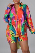 Red Fashion Casual Print Basic Turndown Collar Long Sleeve Two Pieces