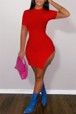 Red Fashion Casual Solid Slit O Neck Short Sleeve Dress