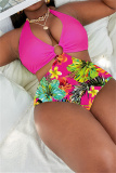 Pink Fashion Sexy Print Patchwork Backless Halter Plus Size Swimwear (With Paddings)