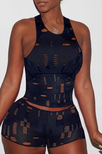 Black Fashion Sexy Casual Solid Ripped Hollowed Out O Neck Sleeveless Two Pieces