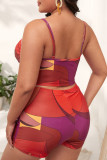 Red Fashion Sexy Print Backless Spaghetti Strap Plus Size Swimwear (With Paddings)