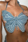 Light Blue Fashion Sexy Patchwork Bandage Backless Halter Tops