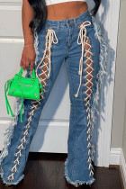 The cowboy blue Fashion Casual Solid Bandage Patchwork High Waist Skinny Denim Jeans