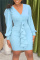 Blue Fashion Casual Solid Patchwork V Neck Long Sleeve Dresses