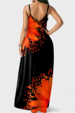 Orange Fashion Sexy Print Backless Spaghetti Strap Long Dress