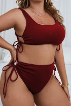 Burgundy Sexy Solid Bandage U Neck Plus Size Swimwear (With Paddings)