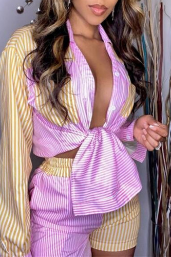 Yellow Fashion Casual Striped Print Patchwork Turndown Collar Long Sleeve Two Pieces