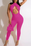 Rose Red Sexy Solid Hollowed Out Patchwork Backless Asymmetrical Regular Jumpsuits