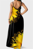 Yellow Fashion Sexy Print Backless Spaghetti Strap Long Dress