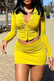 Yellow Fashion Sexy Solid Patchwork Turndown Collar Long Sleeve Two Pieces