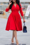 Red Casual Solid Patchwork V Neck Cake Skirt Dresses