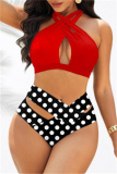 Black Red Fashion Sexy Print Hollowed Out Patchwork Backless Swimwears (With Paddings)