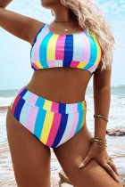Colour Fashion Sexy Striped Print Backless U Neck Plus Size Swimwear (With Paddings)