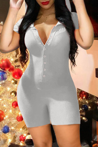 Grey Fashion Casual Solid Basic Hooded Collar Skinny Romper