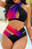 Red Fashion Sexy Print Hollowed Out Patchwork Backless Swimwears (With Paddings)