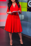 Red Casual Solid Patchwork V Neck Cake Skirt Dresses