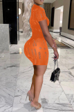 Orange Fashion Sexy Solid Ripped Hollowed Out Turtleneck Skinny Romper