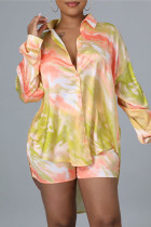 Yellow Fashion Casual Print Basic Turndown Collar Long Sleeve Two Pieces