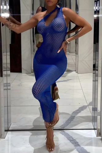 Blue Sexy Solid Patchwork One Shoulder Pencil Skirt Dresses