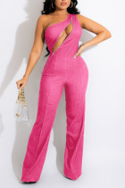 Pink Casual Solid Split Joint Zipper Oblique Collar Straight Jumpsuits