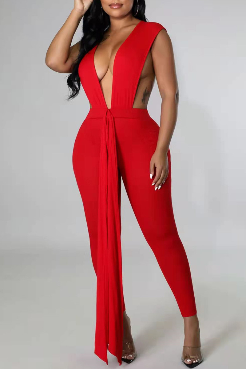 Red Fashion Sexy Solid Patchwork Backless V Neck Skinny Jumpsuits