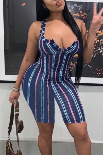 Blue Casual Striped Print Patchwork U Neck Regular Rompers