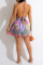 Blue Purple Fashion Print Backless Strap Design Halter Sleeveless Two Pieces