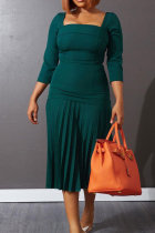 Green Fashion Casual Solid Patchwork Square Collar Pleated Dresses