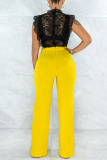 Yellow Fashion Casual Solid Basic Regular High Waist Trousers